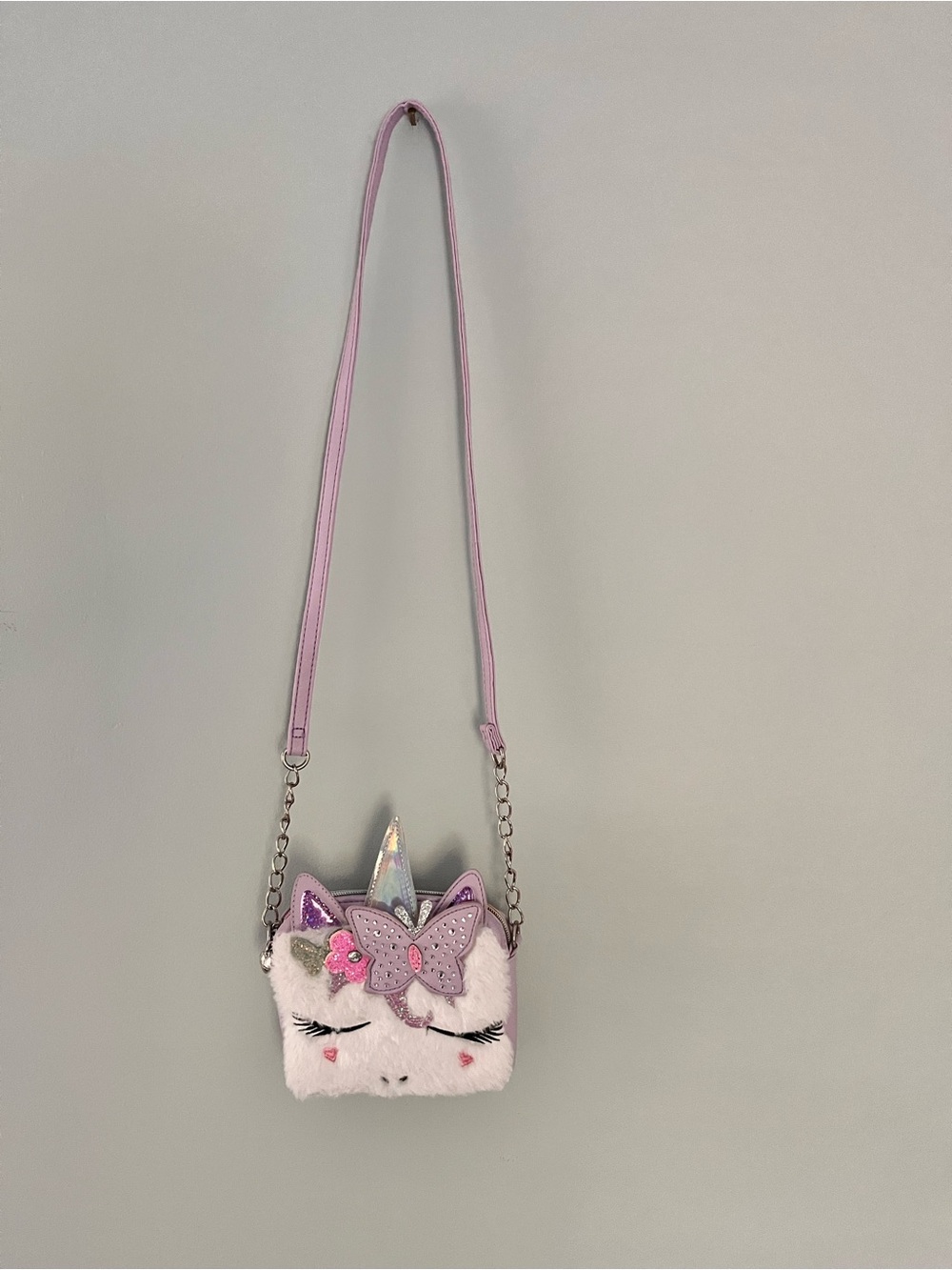 Kids Pink and Purple Plush Unicorn Crossbody Bag